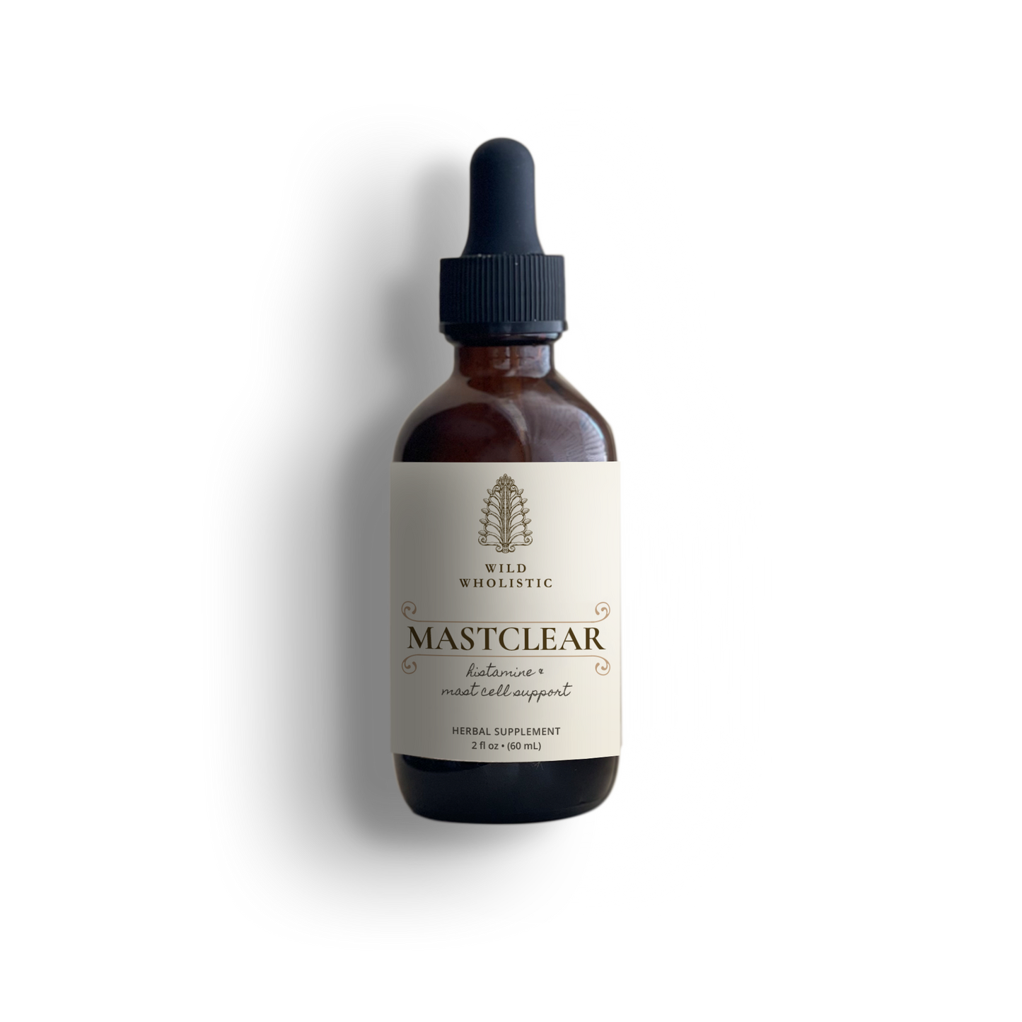 Bottle of Mastclear supplement with dropper on a white background