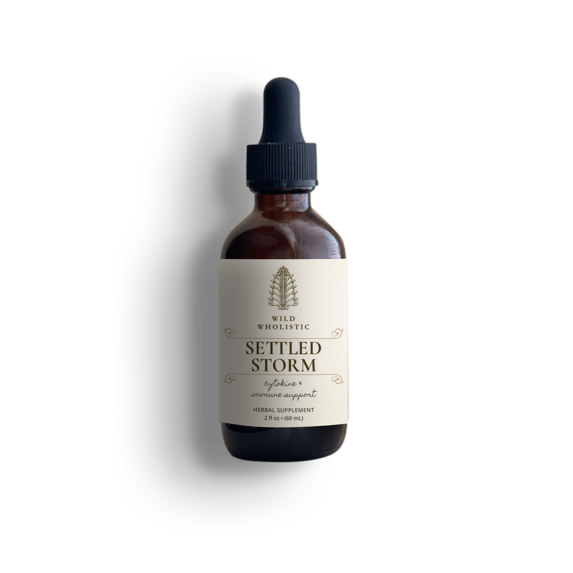Bottle of Settled Storm supplement with dropper on a white background